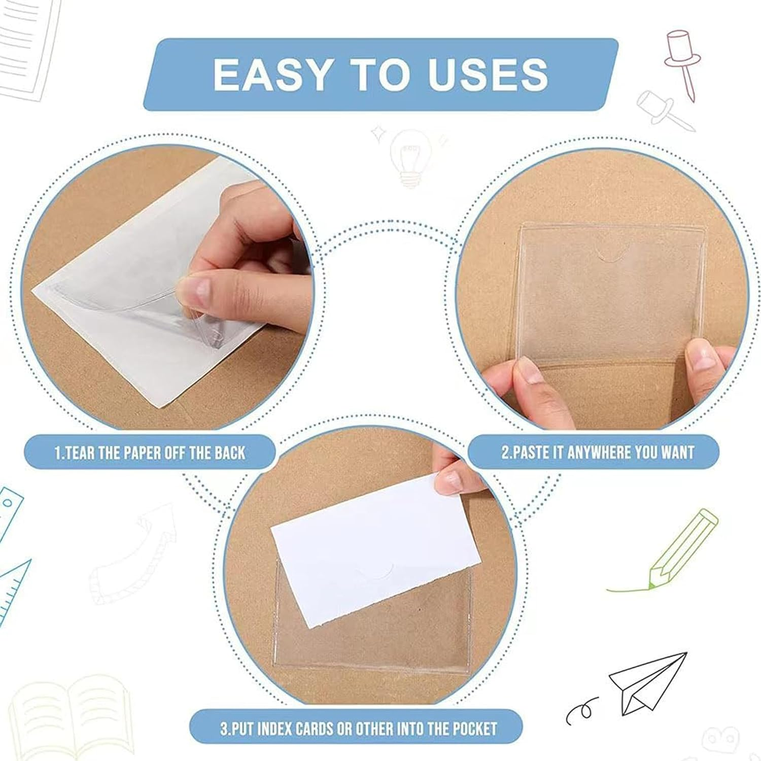 50Pcs Self-Adhesive Index Card Pockets,Clear Label,Shelf Tag,Top Open Plastic Drawers File Cabinet Storage Bins Label Holder for Office,Kitchen and Other Small Items,Protecting Your Index Cards 6X10Cm image number 1