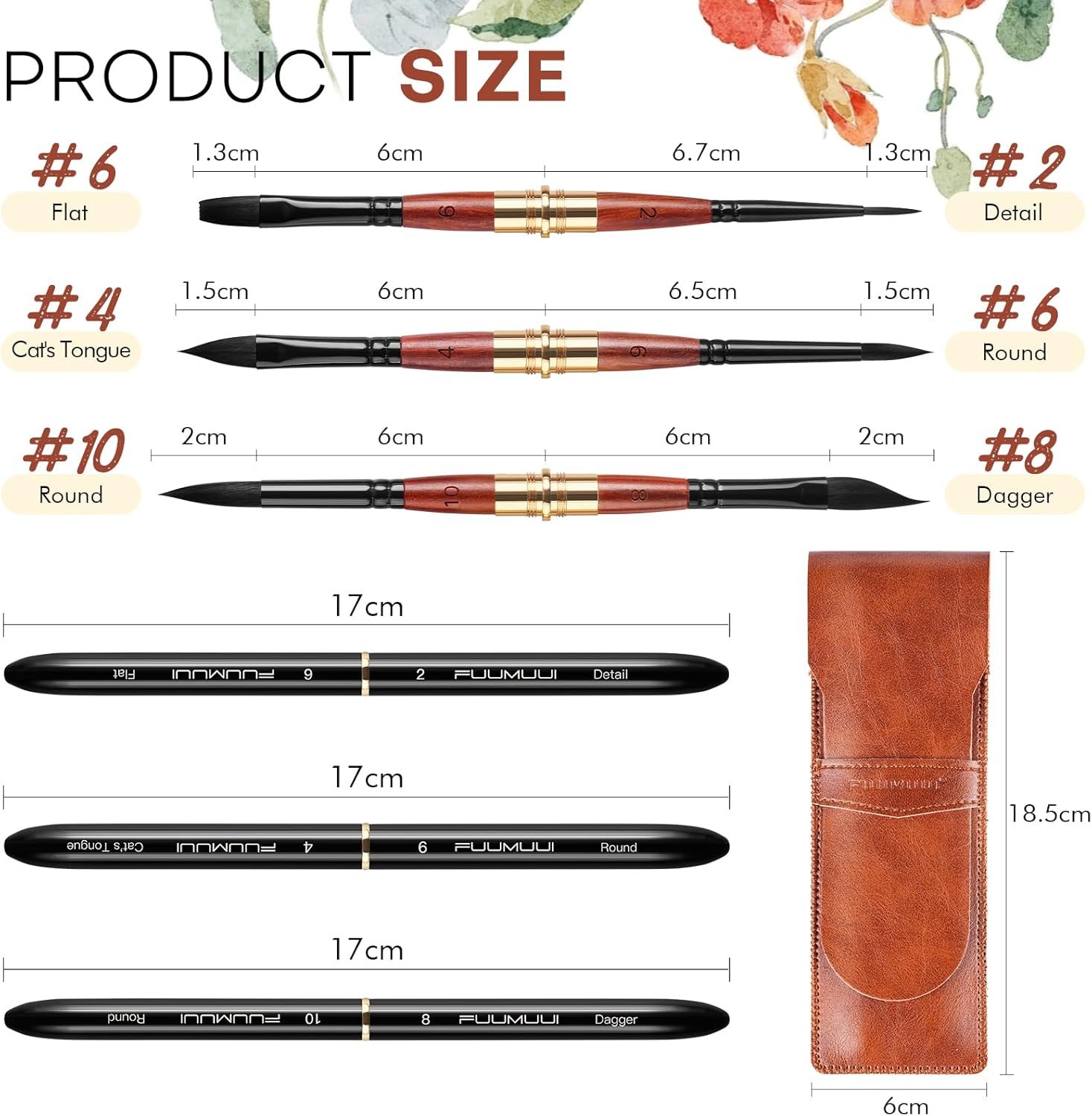 Dual Tip Travel Watercolor Brushes - 3Pcs Synthetic Squirrel Hair Set of 6 Versatile Tips with Leather Pouch Perfect for Watercolor Gouache Ink Painting image number 3