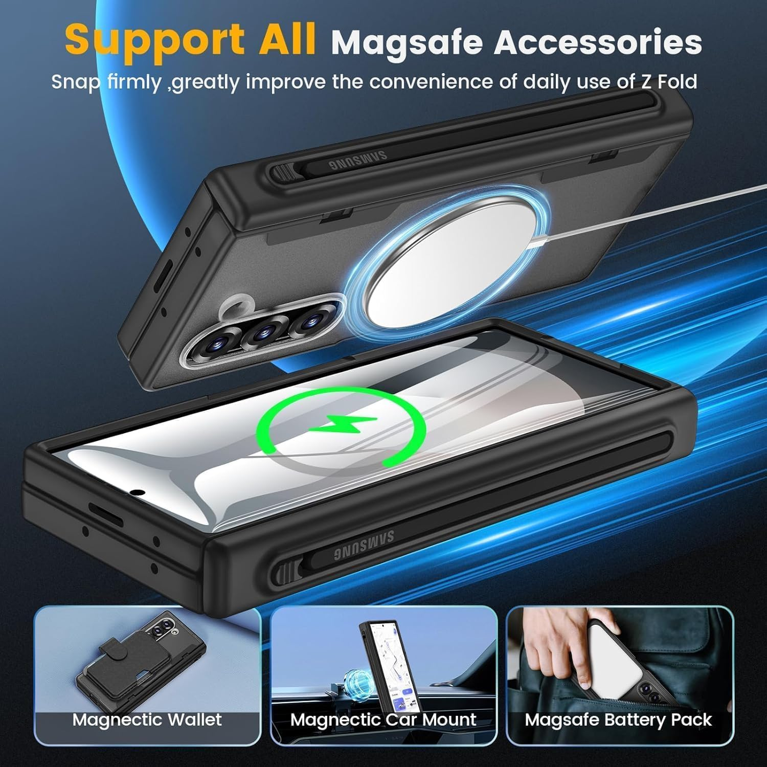 ELEPIK for Z Fold 6 Case, [Compatible with Magsafe] [Built-In Screen Protector] [Hinge Protection] [S Pen Holder] [Wireless Charging] Phone Case for Samsung Galaxy Z Fold 6 5G, Black. image number 4