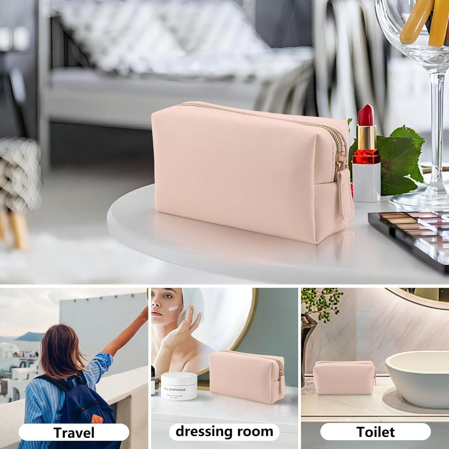 Leather Makeup Bag for Purse Travel, Portable Small Cosmetic Organizer for Women and Girls, Make up Bag with Zipper， Spacious Multi-Compartment Storage Pouch for Cosmetics, Skincare, Brushes（Pink） image number 4