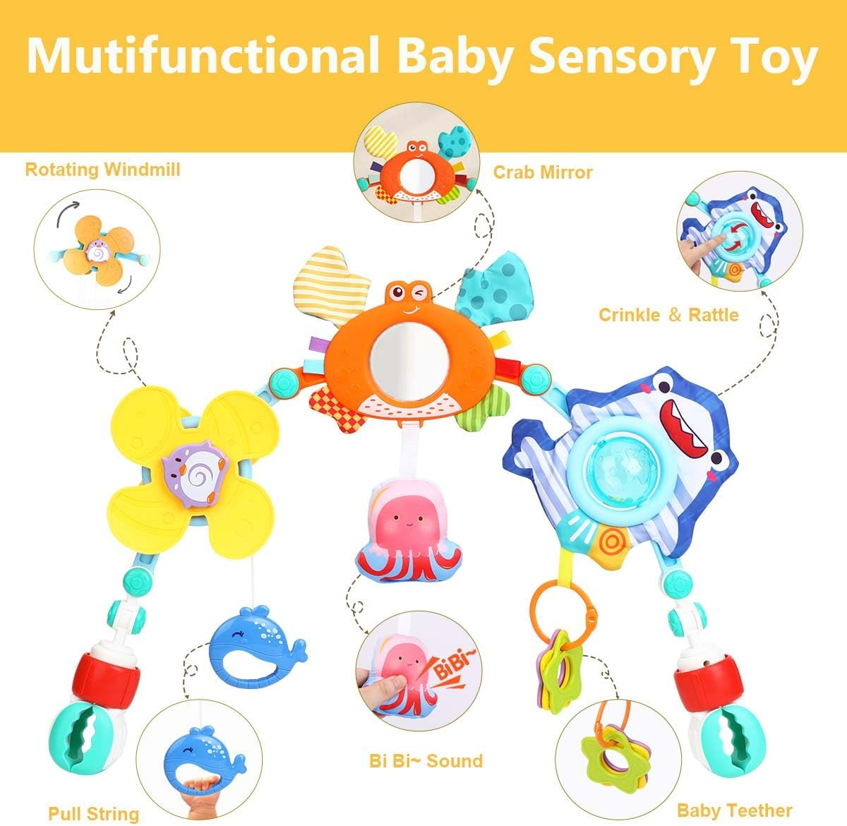 Baby Stroller Arch Toy, Adjustabel Car Seat Toys with Sensory Toy, Activity Arch Travel Montessori Toy for Crib ＆ Bassinet, Early Educational Learning Toy for 0-24 Months Boys and Girls image number 3