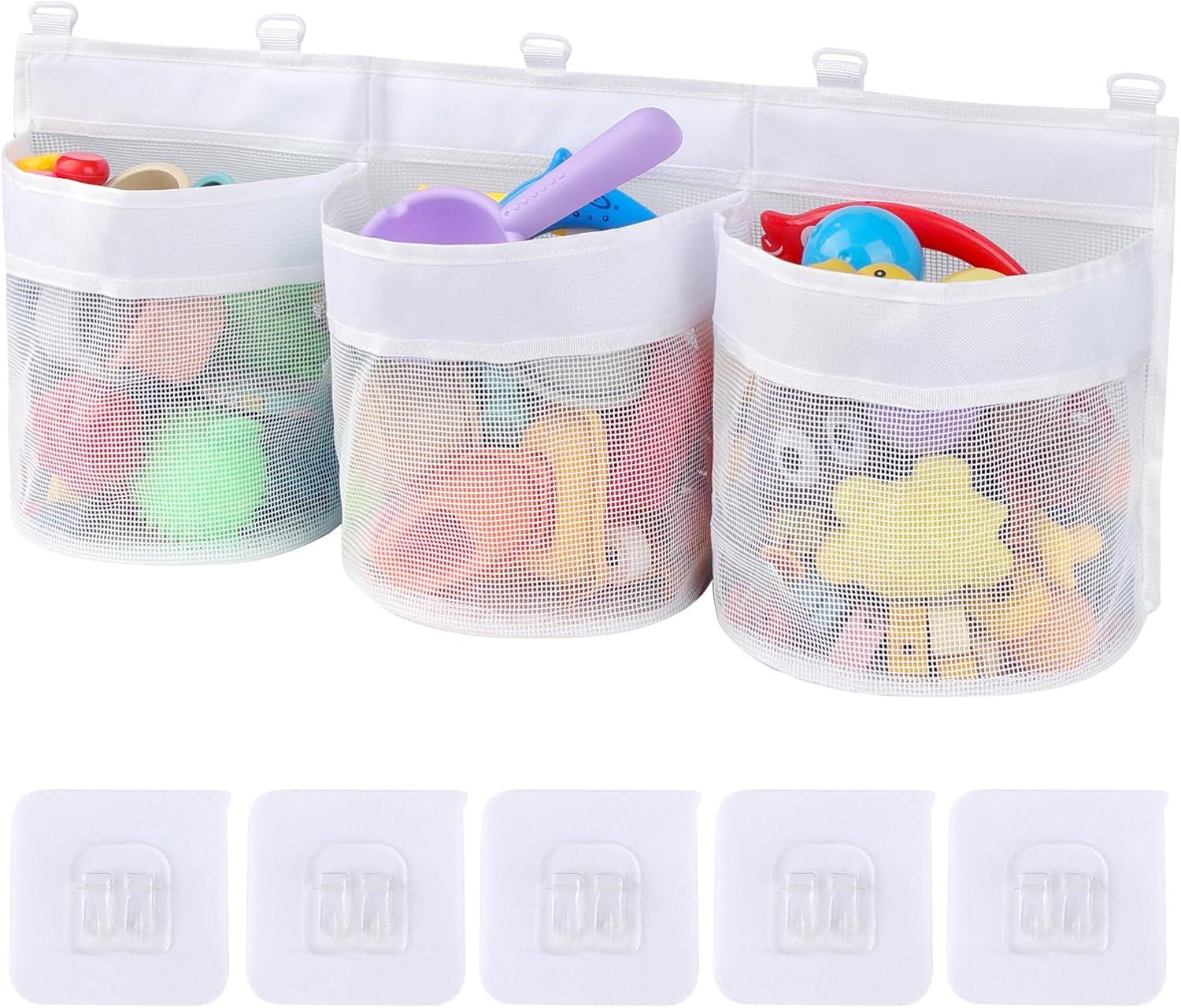 Large Bath Toy Storage Organizer with 3 Compartment Openings 5 Strong Self Adhesive Hooks, Mesh Baby Bathtub Shower Toy Tidy Net Basket Holder Bags for Bathroom Bedroom image number 6