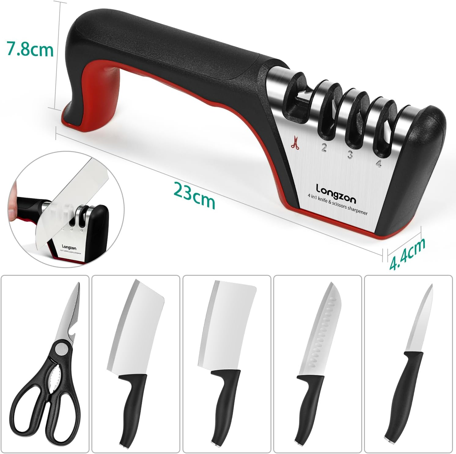4-In-1 Longzon [4 Stage] Knife Sharpener with a Pair of Cut-Resistant Glove, Original Premium Polish Blades, Best Kitchen Knife Sharpener Really Works for Ceramic and Steel Knives, Scissors.