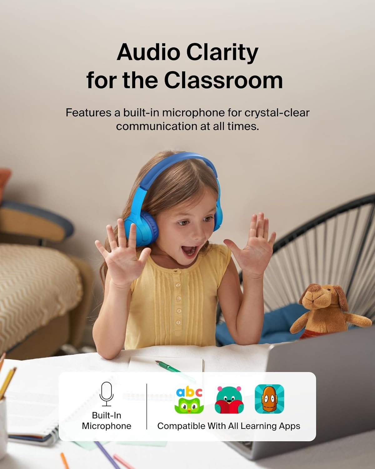 Belkin Soundform Mini Wireless Kids Headphones with Built-In Microphone and Fun Stickers, 30 Hours Playback - Over-Ear Headphones for Teaching, Holidays, Iphone, Ipad, Galaxy - Blue - Black image number 5