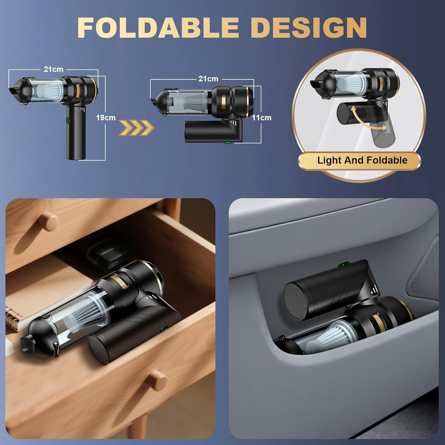 Car Vacuum Cleaner Cordless, Handheld Vacuum 25000PA High Power Suction, 4-In-1 Compressed Air Duster & Air Blower & Pump, Portable Vacuum Cleaner with 3 Gears for Home, Pet, Keyboard image number 5