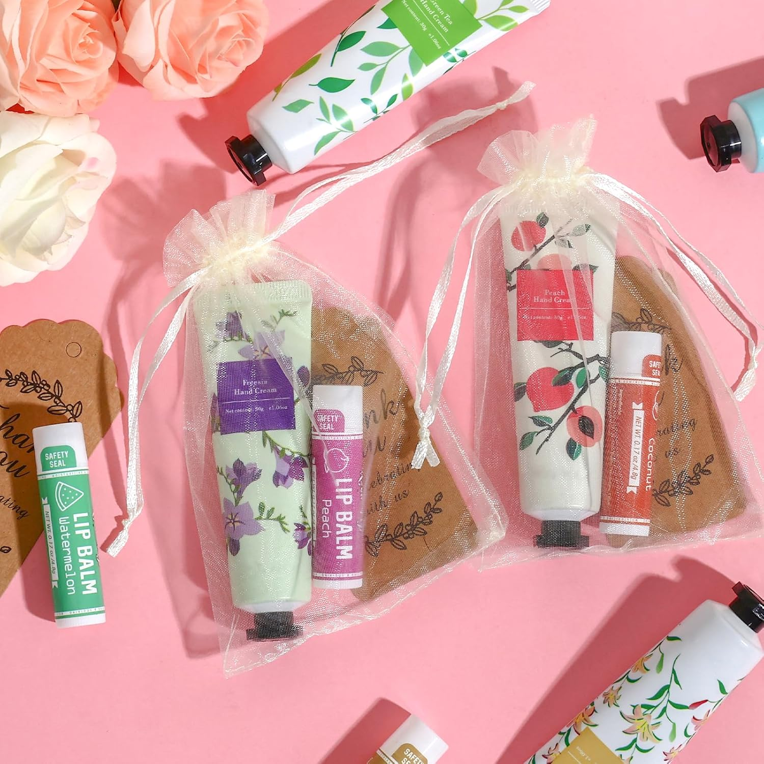 AZEN 60 Sets Bulk Gifts, Hand Cream and Lip Balm Bulk Set with Organza Bag Thank You Card, Baby Shower Wedding Gifts for Guests, Bridal Wedding Favors for Guests,Thank You Gifts for Women image number 5