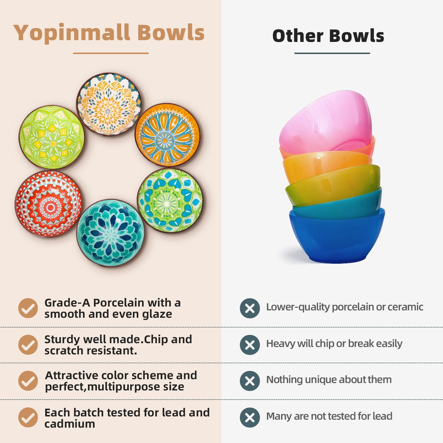 10 OZ Ceramic Bowls Set of 6, 4.5 Inch Cereal Bowl Soup Bowls Dipping Bowls for Salad Pasta Kitchen Multicolor