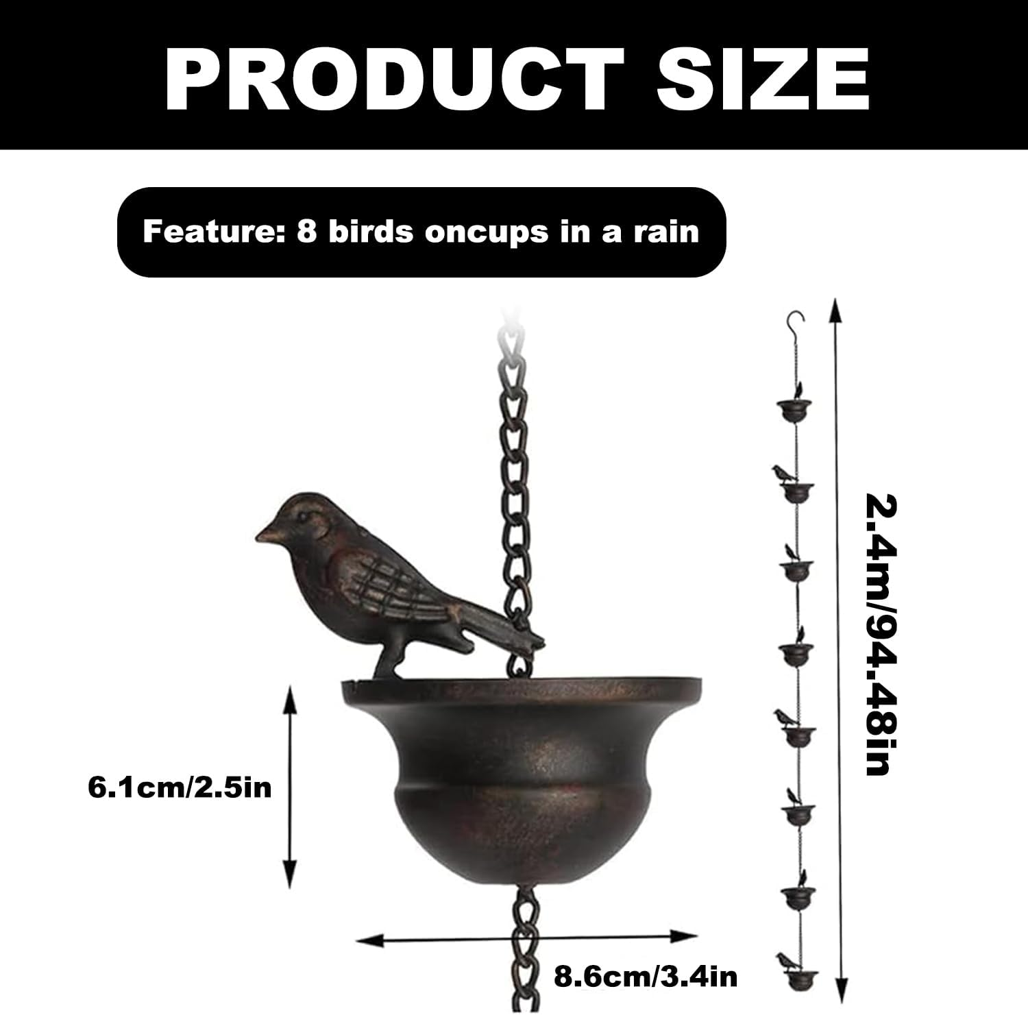 2.4 Meter Birds on Cup Mobile Rain Chain, Metal Rain Chain Bell with 8 Cups, Decorative Rain Catcher Chain Replacement Downspout for Gutters
