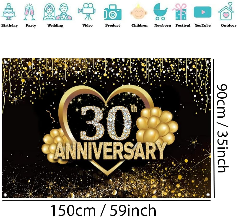 Happy 30Th Anniversary Decoration Banner, 30Th Wedding Anniversary Party Supplies Fabric Sign Poster, Black and Gold Backdrop Decor Photo Background Welcome Sign, 150 Cm X 90 Cm image number 5