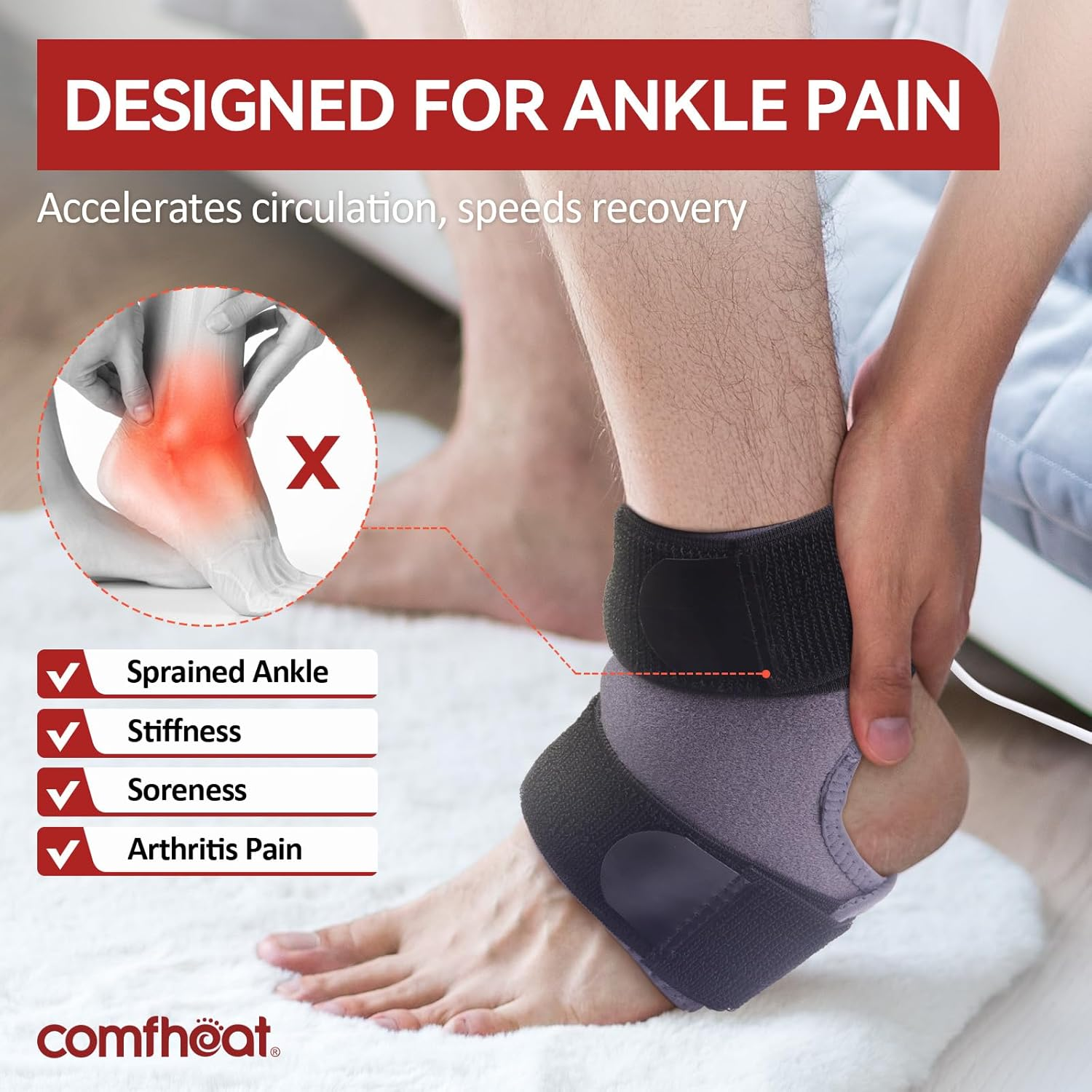 Heated Ankle Wrap for Ankle Arthritis Pain Relief, USB Ankle Heating Pad with 3 Heat Settings, Auto Shut Off, Heat Therapy for Sprains, Strains, Post-Surgical, 1 Pack image number 2