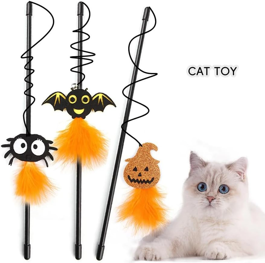 ARFUKA Cat Accessories Interactive Cat Toy Feather Cat Toy Cat Stick Cat Wand Toy Feather with Bells Halloween Elemente Retractable Cat Teaser Toy for Kitty Kitten Scratching Exercise Indoor Pack of 3