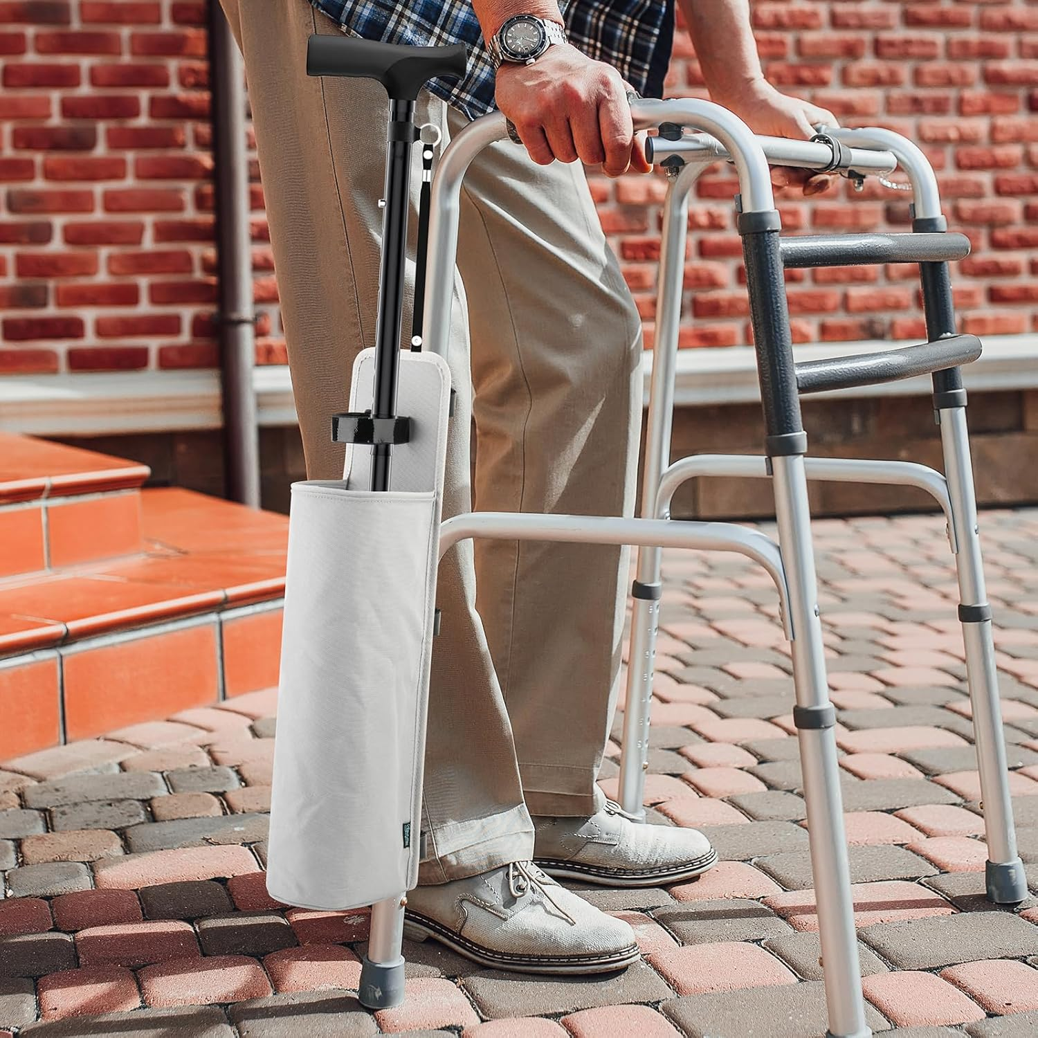 Beautyflier Cane Storage Bag, Removable Cane Hanging Bag for Wheelchair, Walker, Mobility Scooters, Walking Stick Organizer, with Adjustable Hook and Loop, Easy to Install, Bag Only (Gray) image number 5
