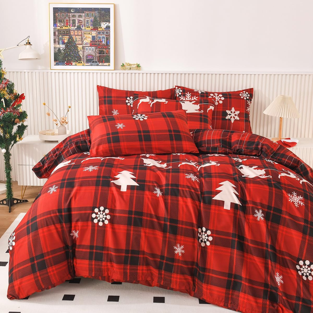 Mengersi Christmas Duvet Cover Set Queen Size,Christmas Tree Snowflake Duvet Cover Check Printed Christmas Plaid Duvet Cover Comforter Cover Set for New Year Holidy Xmas Gifts image number 3