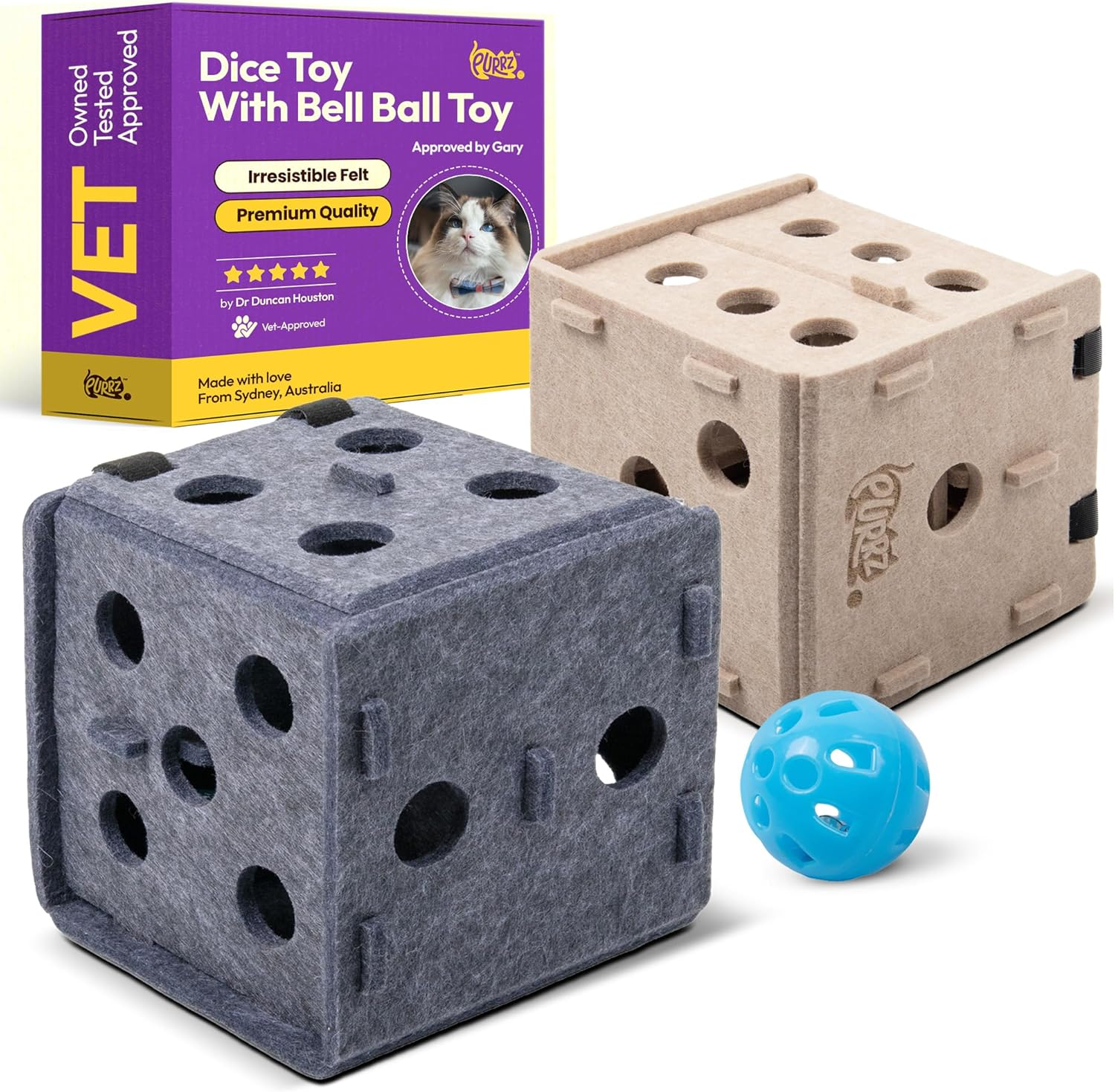 PURRZ Dice-Shaped Felt Cat Toy &ndash; Interactive Cube Play Box for Cats & Kittens &ndash; Durable Polyester Felt with Paw Holes & Internal Bell Ball, Puzzle Toy for Cats (Grey)