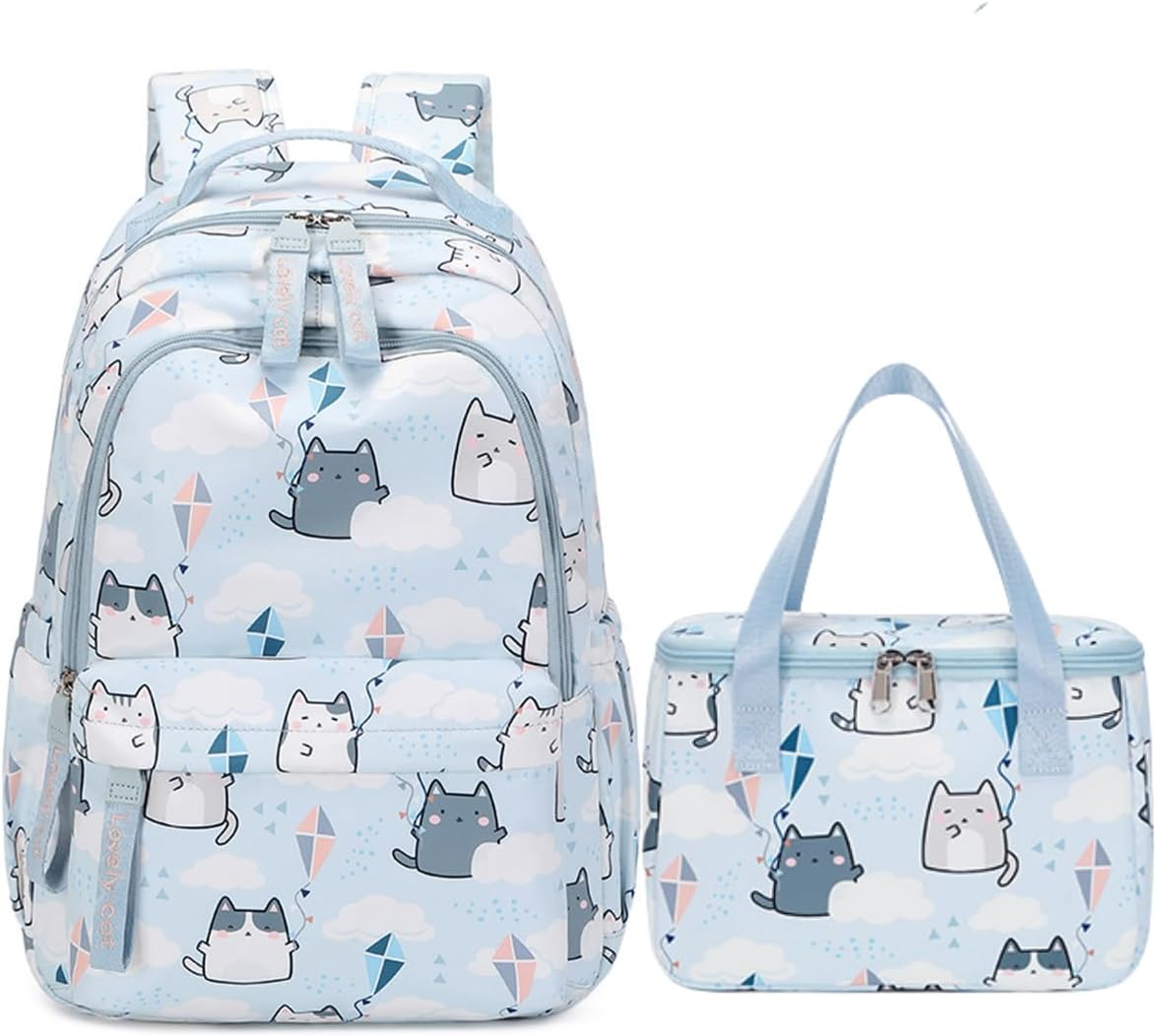 2Pcs Backpacks for Girls Cute Cat Girls Bookbag Set for School