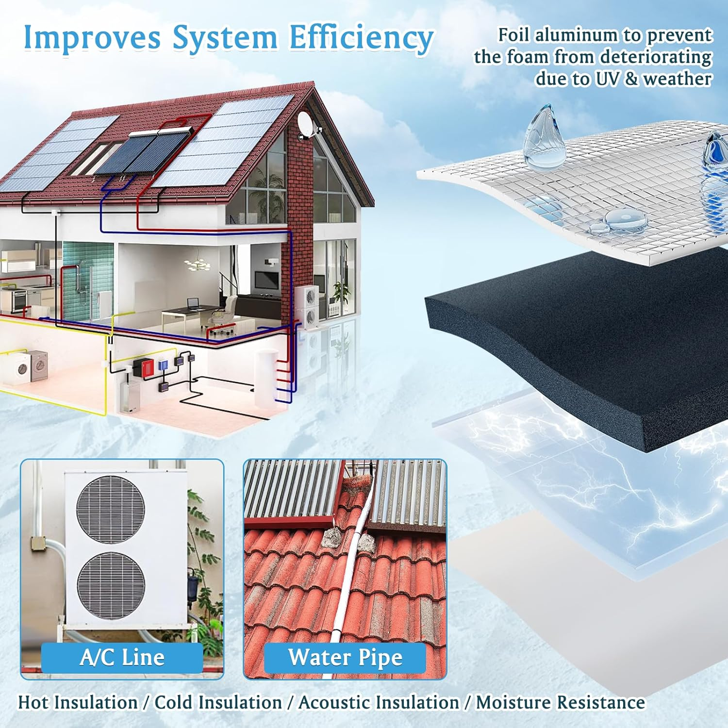 UCINNOVATE 8 Pack 1 Inch Pipe Insulation Foam Tube, 15.7'' Foil Pipe Insulation, 3/8'' TK Foam Tubing Freeze Protection image number 5