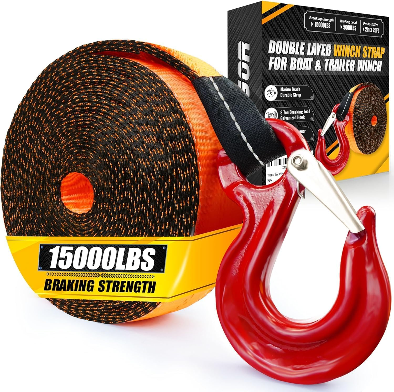 [Premium] Boat Trailer Winch Strap with Supper Steel Hook, 15000 LBS Break Strength, Two Layers Winch Strap, Winch Pulley Strap for Boat Trailer Replacement, Towing Vehicles & Boat Accessories 2"X20' image number 6