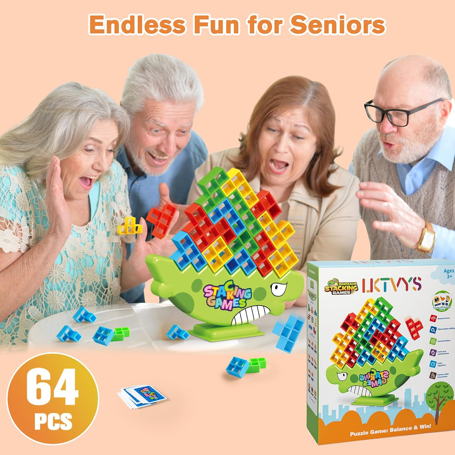 Kids Dinosaur Tower Stack Game! 64PC Upgraded Stacking Blocks &ndash; Bigger, Smoother & Faster | STEM Toys for Kids Ages 3-12 & Adults | Family Party Game for Birthdays & Holidays image number 3