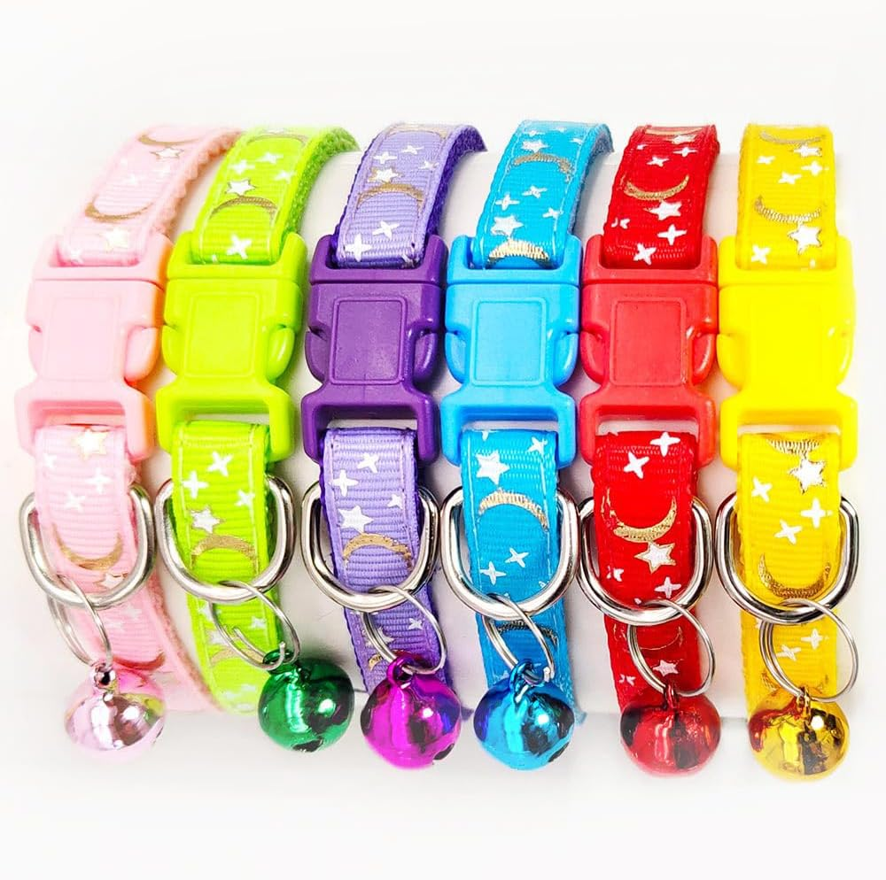 Reflective Cat Collars Breakaway with Bell Moons Stars 2 Pack Girl Boy Pet Kitten Collar Adjustable 7.5-12.5 Inch (Purple)