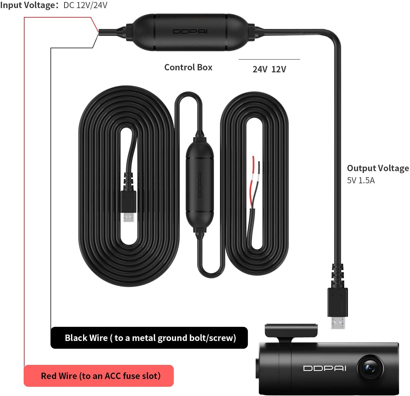 DDPAI Dash Cam Hard Wire Kit, 11.5Ft Micro USB Port for Mini Pro Dashcam Converts 12V-24V to 5V/2.5A W/Fuse Kit, Installation Tool, Low Voltage Protection for 24Hrs Parking Mode image number 3