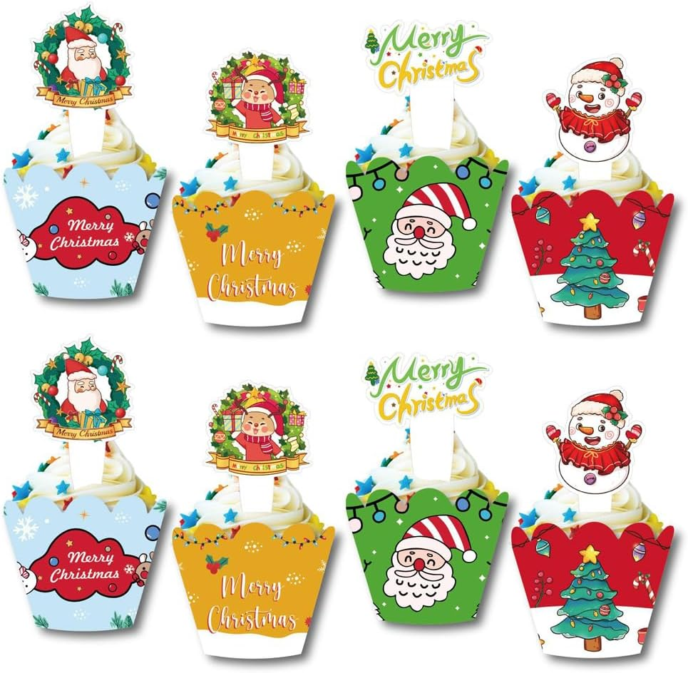 48 Pcs Christmas Cupcake Toppers and Wrappers, Christmas Party Decorations, Santa Claus Snowman Reindeer Christmas Tree Hand Cake Christmas Party Decorations Supplies