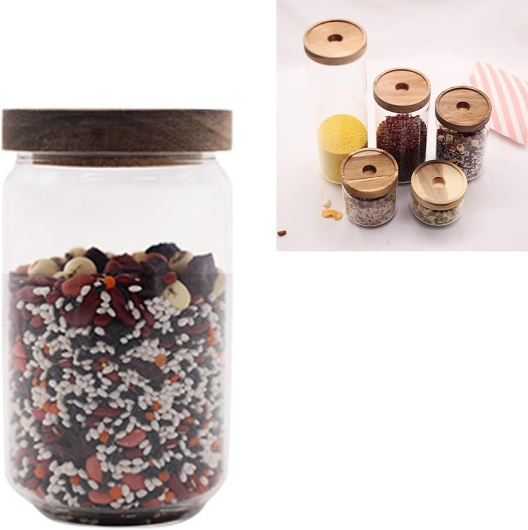 EXAOMBLE High Borosilicate Transparent Glass Spice Storage Jar with Wooden Lid Heat-Resistant Airtight Canister for Tea Coffee Candy Kitchen Food and Grain Organization image number 1