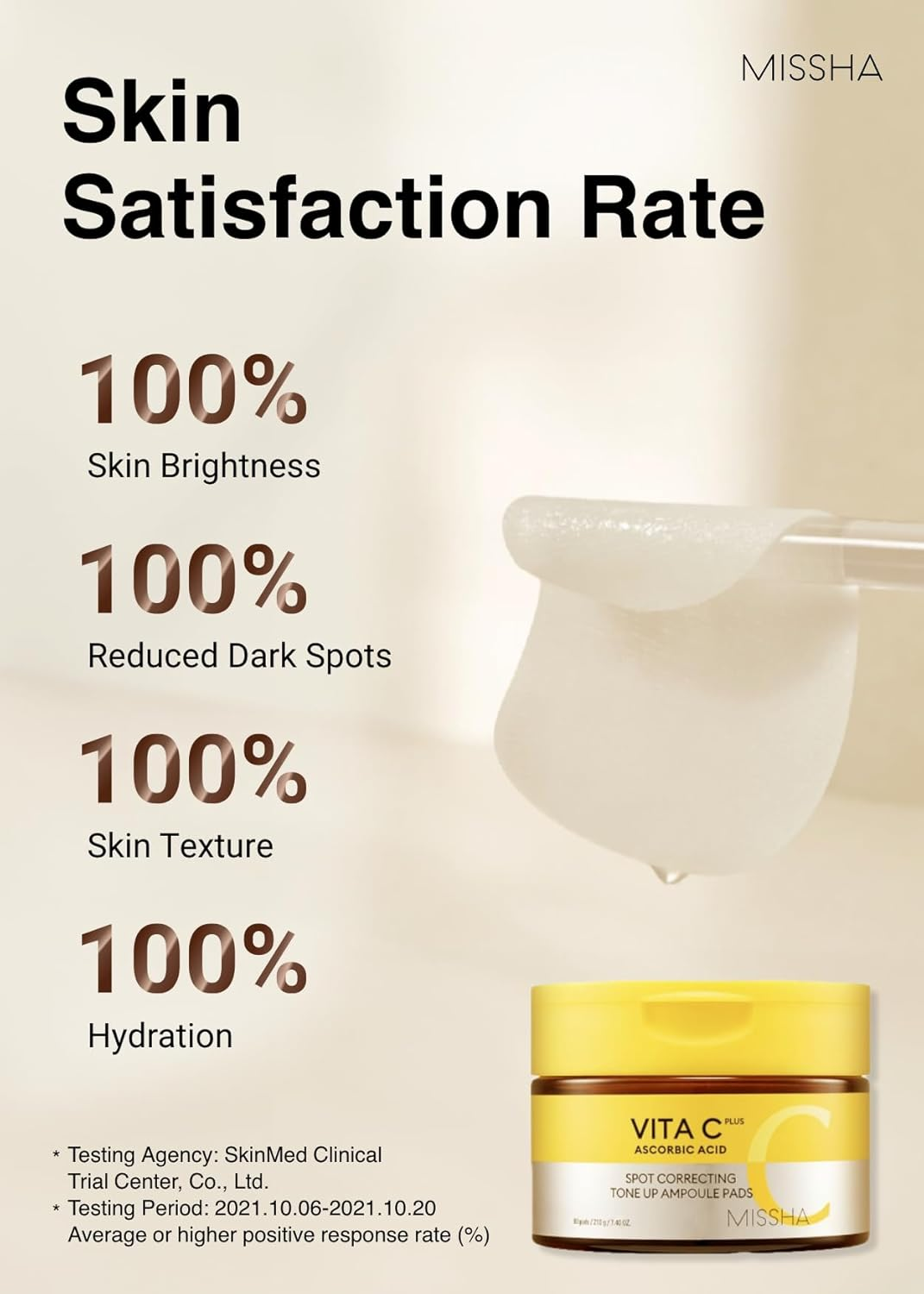 MISSHA Vita C Tone up Ampoule Toner Pads (80 Pads) Exfoliating Pads, Spot Treatment Pads with Vitamin C, Hyaluronic Acid, Collagen, Hydrating image number 3