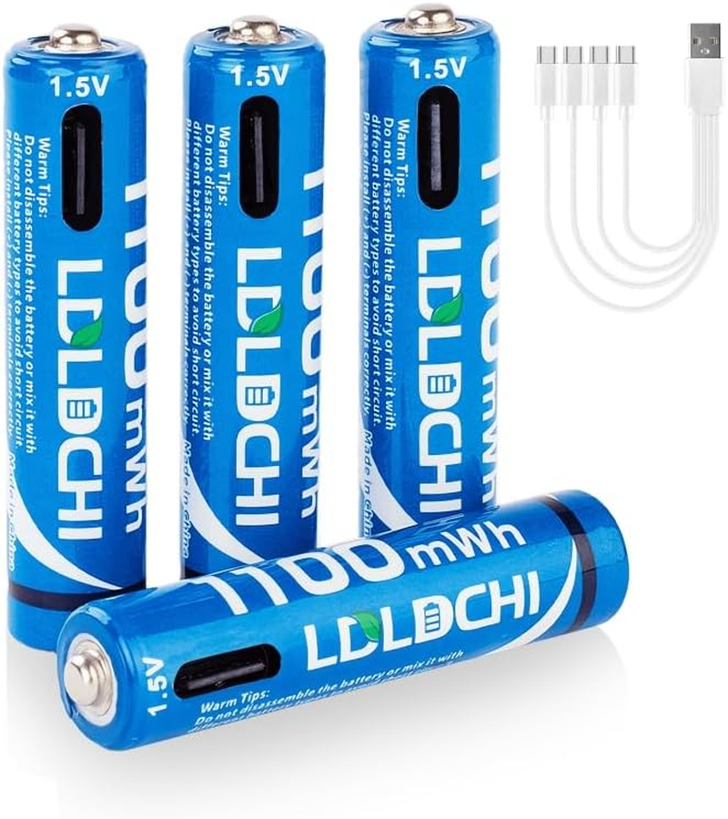 AA USB Rechargeable Batteries 1.5V &ndash; 4 Pack Lithium, 3400Mwh High Capacity, 1000+ Cycles, with 4-In-1 USB Charging Cable image number 1