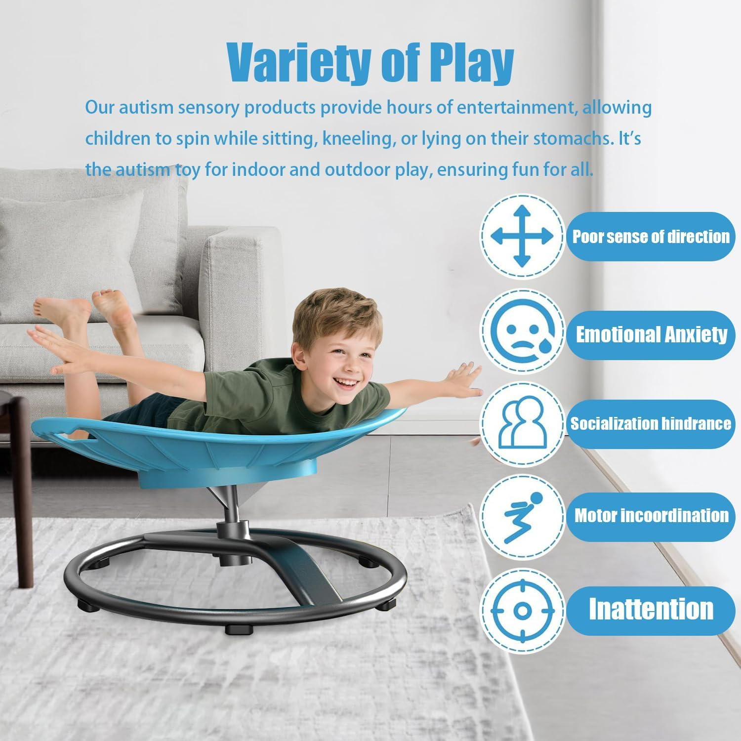 Kids Sensory Swivel Chair, Autism Spinning Chair for Kids, Training Body Coordination, No Assembly Required (Blue)