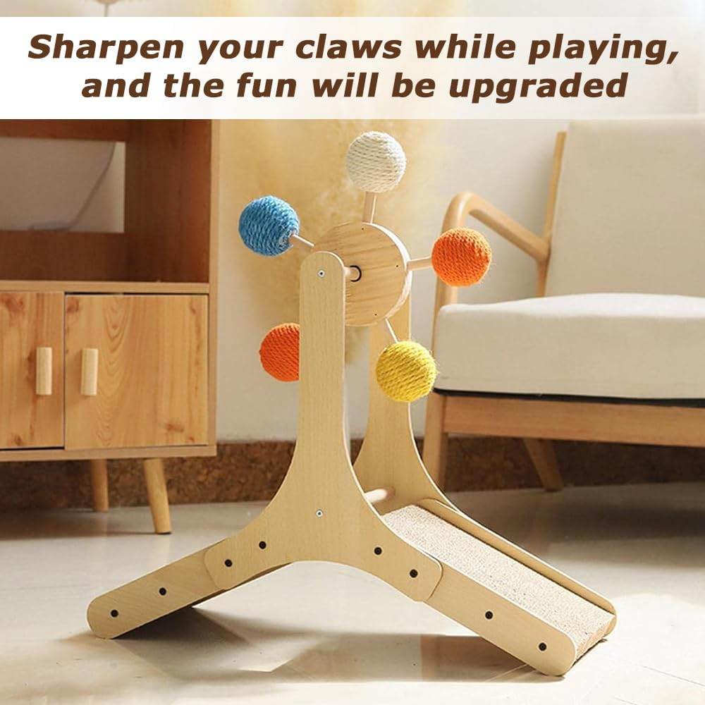 Wood Cat Climbing, Interactive Puss Play Tower, Toy with 360&deg; Rolling Ball & Ramp Scratcher, for Indoor Pussy to Play (56.5 X 26.5 X 57CM) image number 5