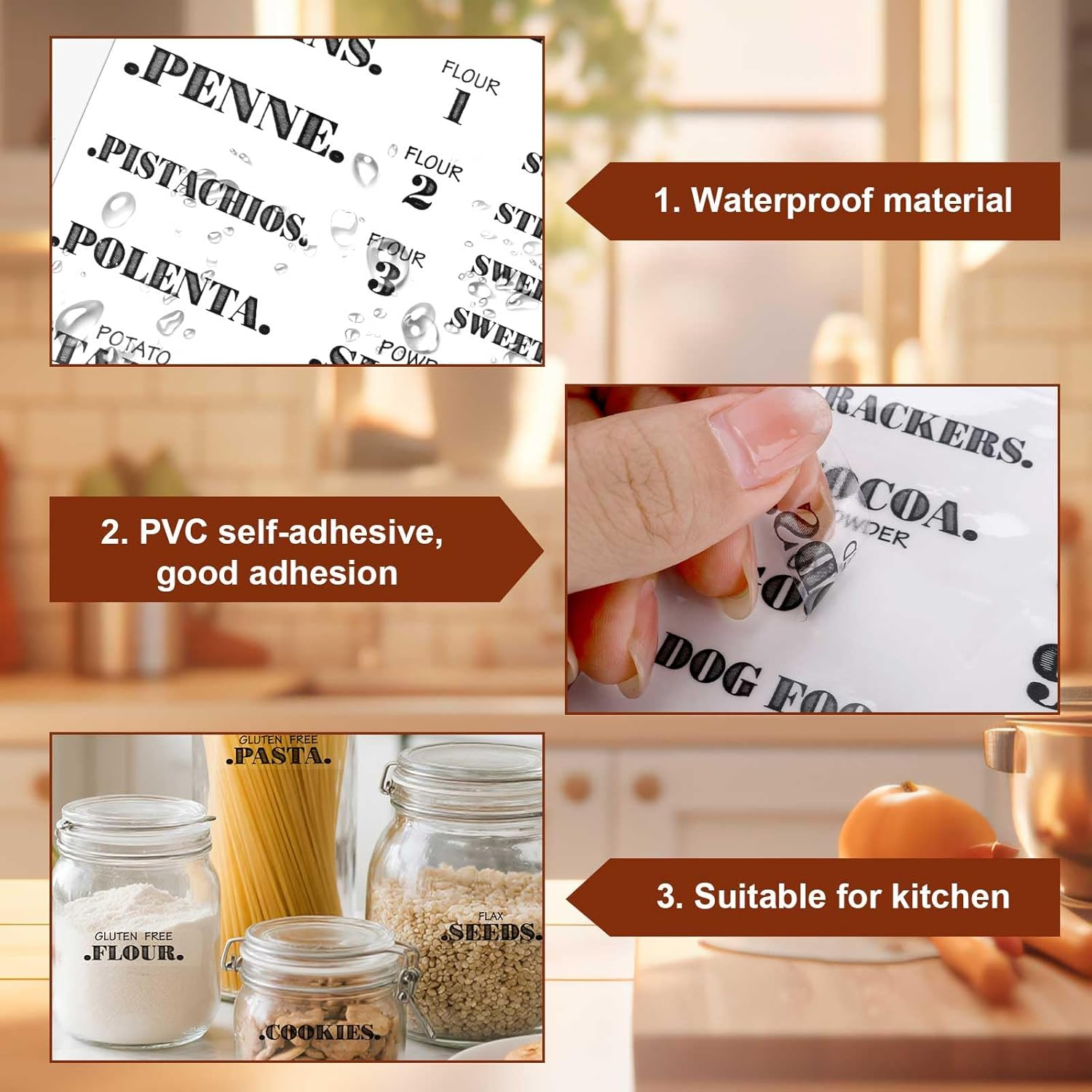 6 Sheets Pantry Labels for Containers, Waterproof PVC Food Storage Labels Self-Adhesive Spice Stickers for Kitchen Organizing image number 4