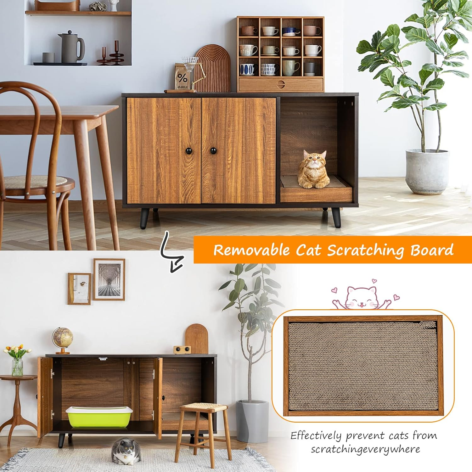 Costway Wooden Cat Litter Box Enclosure Bench, Hidden Cat Box Cabinet Furniture W/Doors, Removable Scratch Box, Water & Scratch-Proof, Walnut Cat Washroom House End Table for Indoor