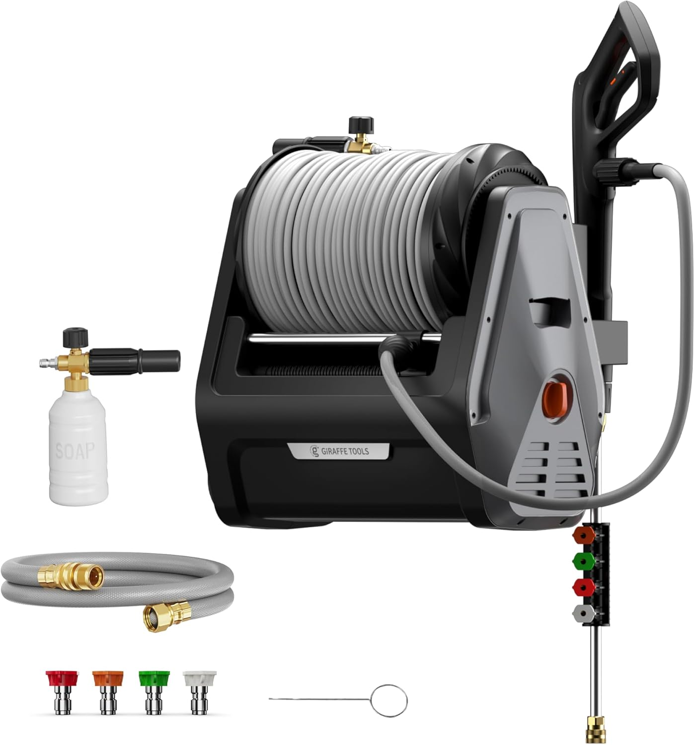 Giraffe Tools Grandfalls Pressure Washer Plus+, Max 2400 PSI, Wall Mounted Pressure Washer, 30 M Soft-Gray Pressure Hose, Retractable, Dark Silver