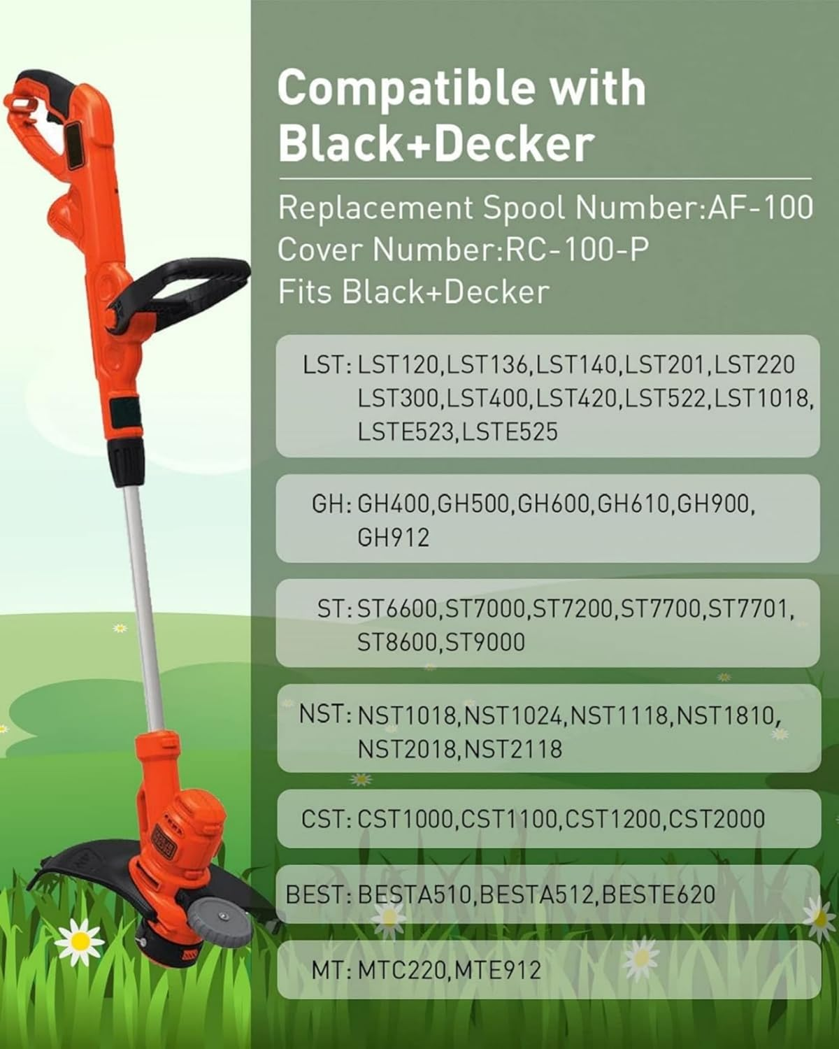 AF100 Replacement Spool for Black & Decker Trimmers, 30-Foot, 0.065-Inch, Compatible with GH900, GH600, GH610, Includes 8 Spools, 2 Caps, 2 Springs image number 4