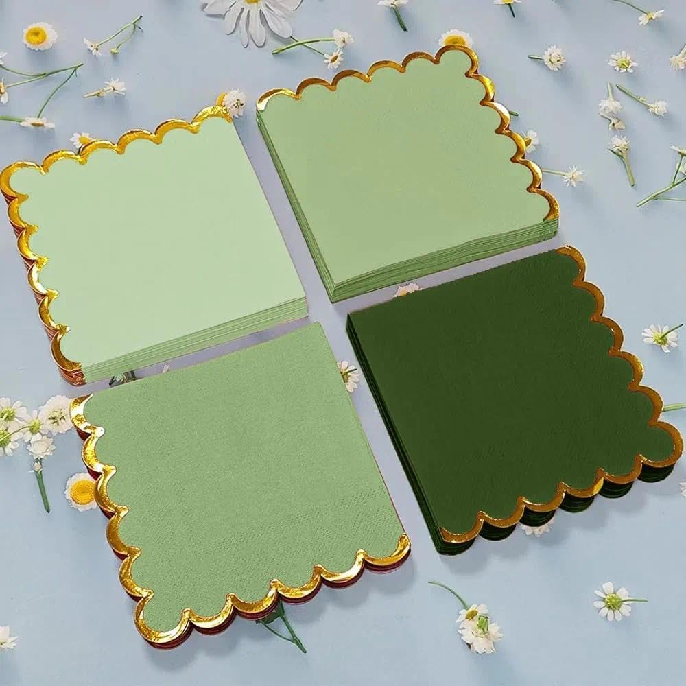 100 Pack Green Cocktail Napkins with Gold Foil Accents Scalloped Edges 5 X 5 Inch Beverage Disposable Napkin Party Decoration Wedding Bridal and Baby Shower Dinner Lunch Supplies image number 2