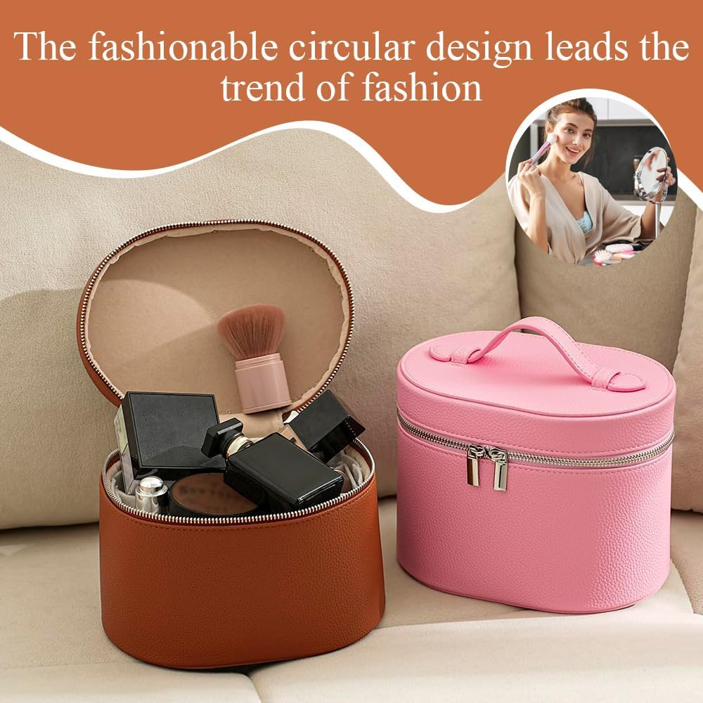 Makeup Bag with Handles, Premium round Leather Travel Cosmetic Organizer, Multi-Compartment Makeup Pouch for Women Girls (Khaki) image number 1