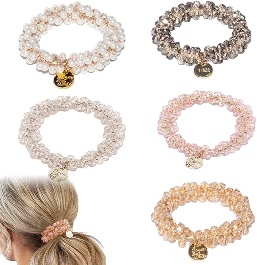 GXGM 5 Pieces Pearl Hair Bobbles Rhinestone Ponytail Holder Beads Elastic Hair Bands Hair Accessories Hairstyle Accessories Hair Accessories for Women and Girls