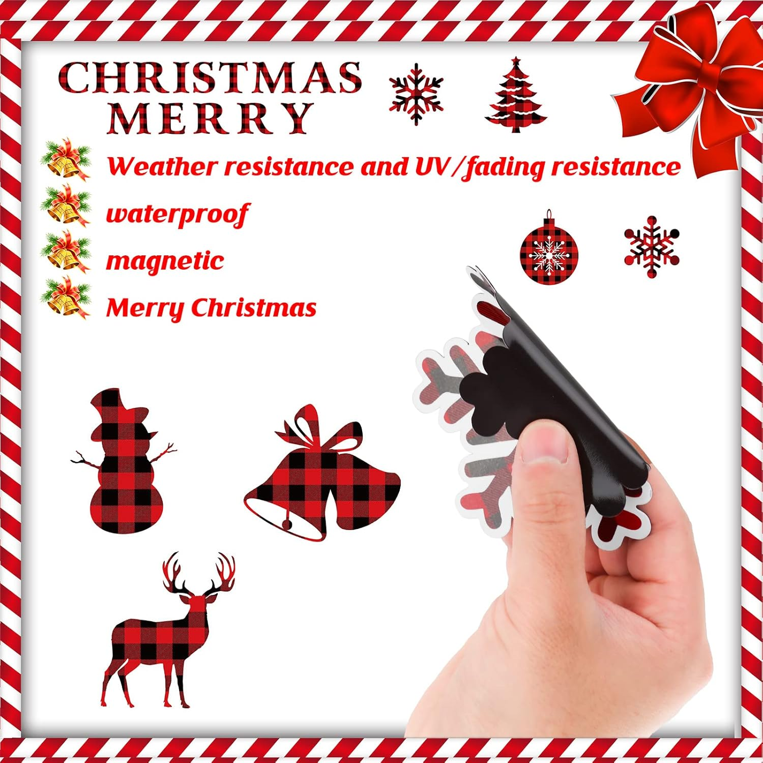 25 Pieces Merry Christmas Garage Door Stickers Magnets Christmas Refrigerator Decals Weather Resistant Garage Magnets Decoration Xmas Home Decor Magnetic Stickers for Car DIY Holiday (Plaid Style) - Candy Style image number 4