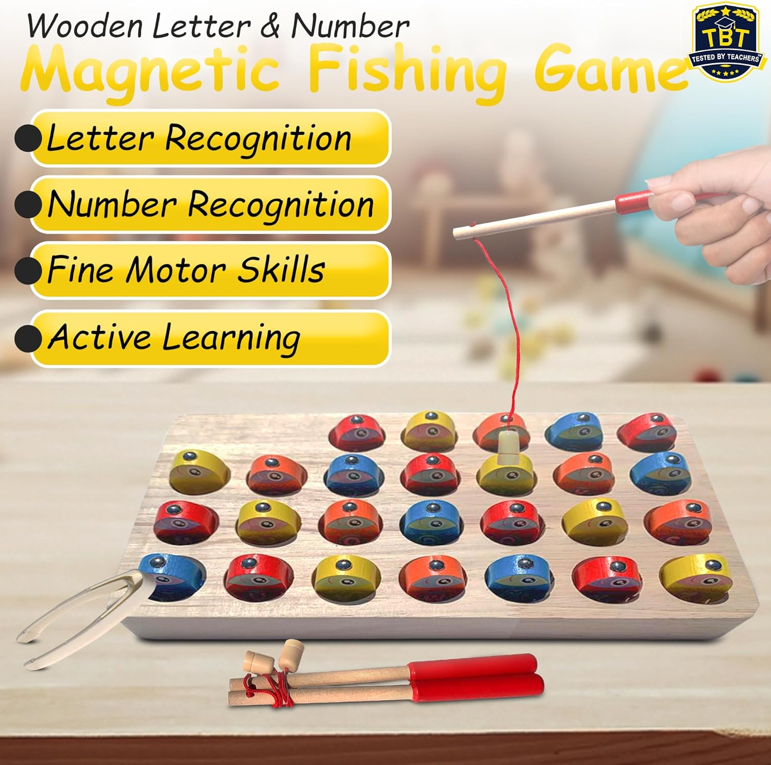 Tested by Teachers Magnetic Fishing Game &ndash; Montessori ABC Alphabet Colour Sorting Toy for Toddlers 2 3 4 &ndash; Learn Letters, Sounds & Motor Skills &ndash; Includes Poles, Tongs, Storage Bag & Activities image number 2