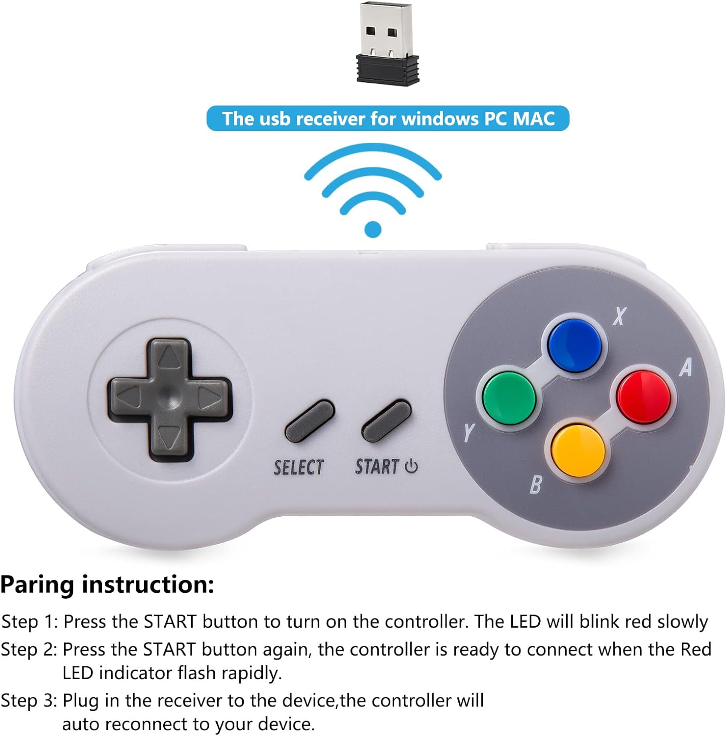 2.4Ghz Wireless SNES USB Controller,Kiwitat&aacute; Rechargeable Classic SNES PC Game Pad with Receiver for Windows PC Mac,Raspberry PI image number 2