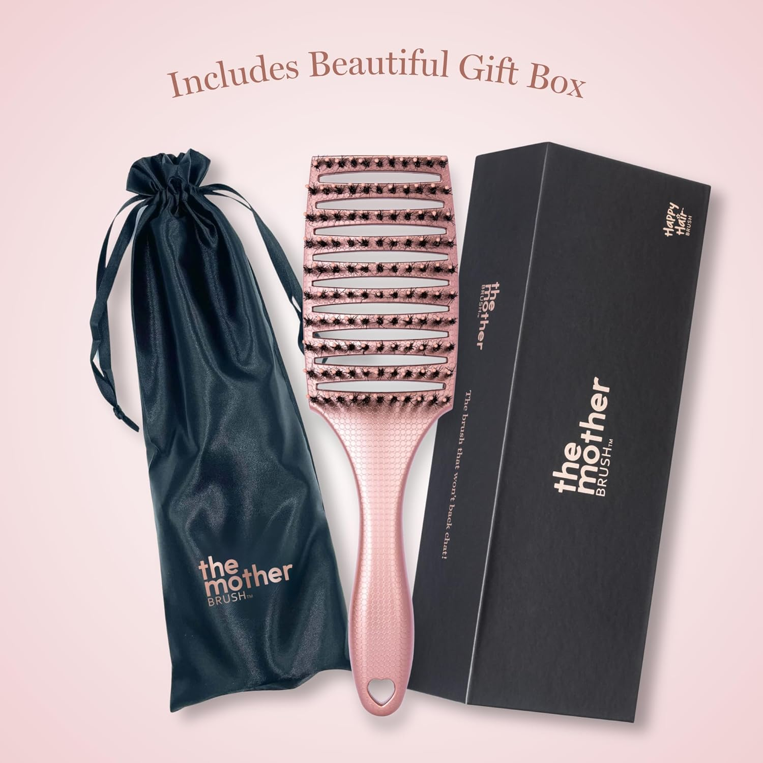 HAPPY HAIR Mother Brush - Detangling Hair Brush with Boar Bristles & Pins | Designed by Women to Detangle & Smooth Thick, Fine or Curly Hair | Pain-Free Slick Back Brush | Massage Scalp (Rose Gold)