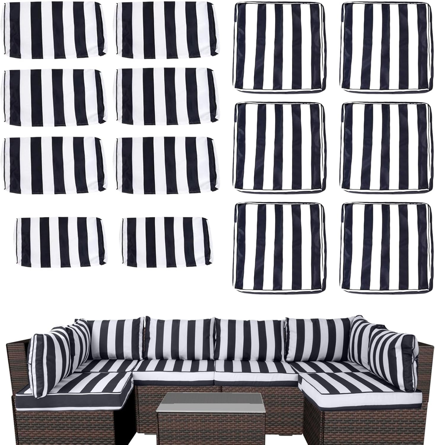 14 Piece Outdoor Patio Cushion Cover Replacement, Waterproof Outdoor Patio Cushion Covers, Outdoor Furniture Cushion Covers Set for 6 Seat Wicker Rattan Sofa (Balck+White Striped, 25.6*25.6*4 Inch) image number 1