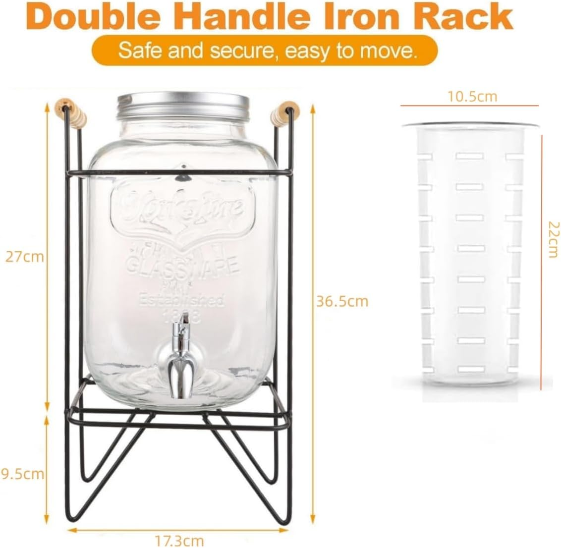 9SHOME 5L Glass Beverage Dispenser with Stand, Drink Dispenser with Stainless Steel Spigot, 1 Gallon Wide Mouth Mason Jar Container for Juice, Lemonade, Soda, Cocktail, Wine, with Fruit Infuser image number 6