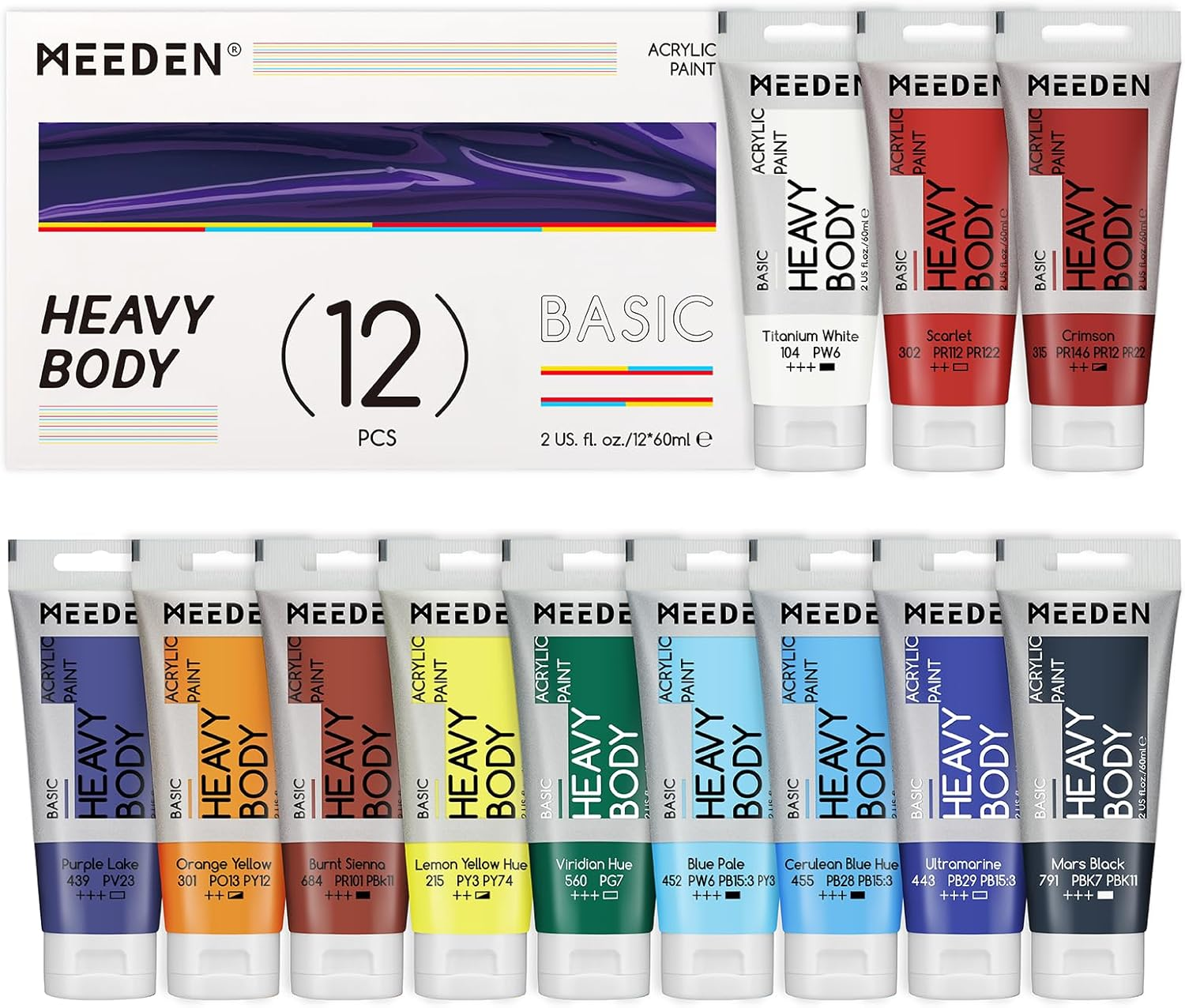 MEEDEN Heavy Body Acrylic Paint - Basic 24 X 60Ml (2 Oz) Color Paint Set for Adults - Rich Pigment Art Craft Paints for Canvas Rock Wood