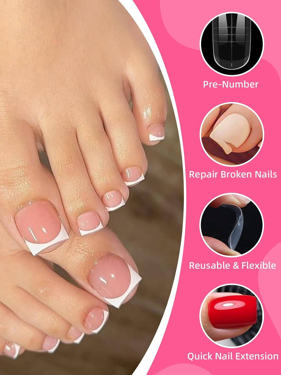 EBANKU 600 Pcs Double Toe Nail Extension Molds Reusable Full Cover Acrylic Nails with French Tip and Pedicure for Salon and DIY at Home, 15 Sizes - Clear image number 5
