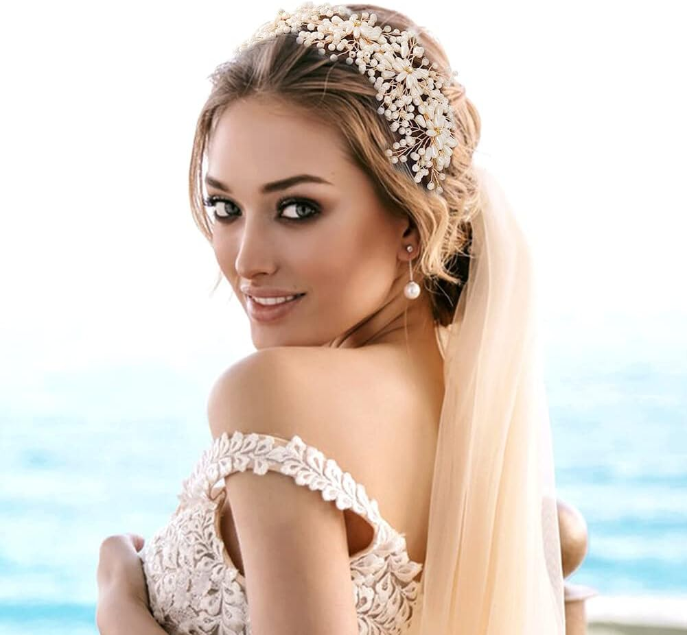 Bridal Headpiecees for Wedding Pearl Wedding Headband Rhinestone Hair Accessories for Brides Crown for Women Girls image number 3