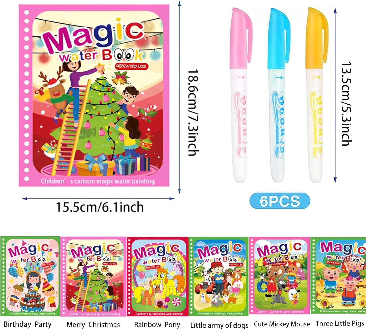 MYLEUS 6 Set Water Drawing Books for 3-6 Kids, Kids Montessori Toys Reusable Magic Water Coloring Book Magica Drawing Books Painting Toys Toddler Early Education Toys(Pen Random Color) image number 3