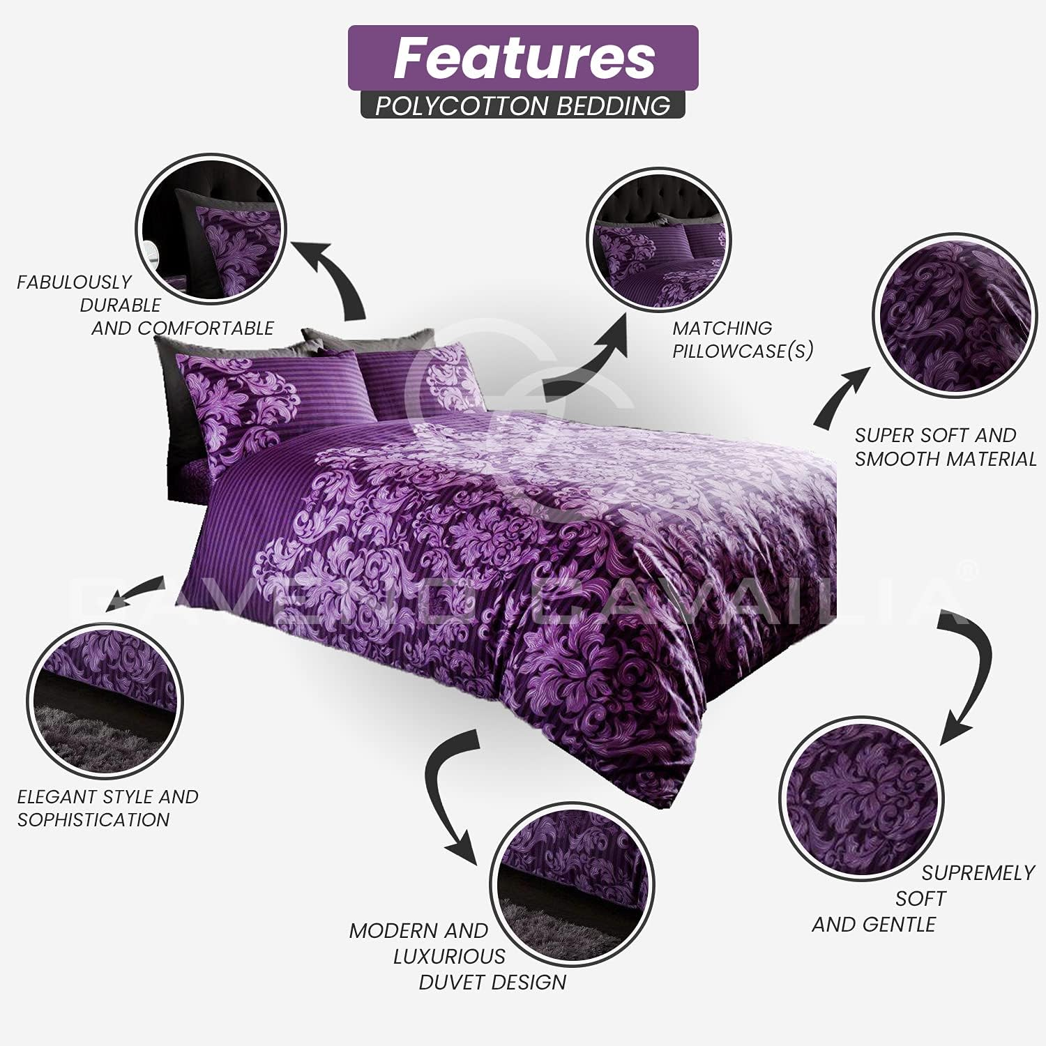 GC GAVENO CAVAILIA Damask Bedding Double Bed Set - Flower Duvet Cover - Comforter Covers with Pillow Cases - Purple