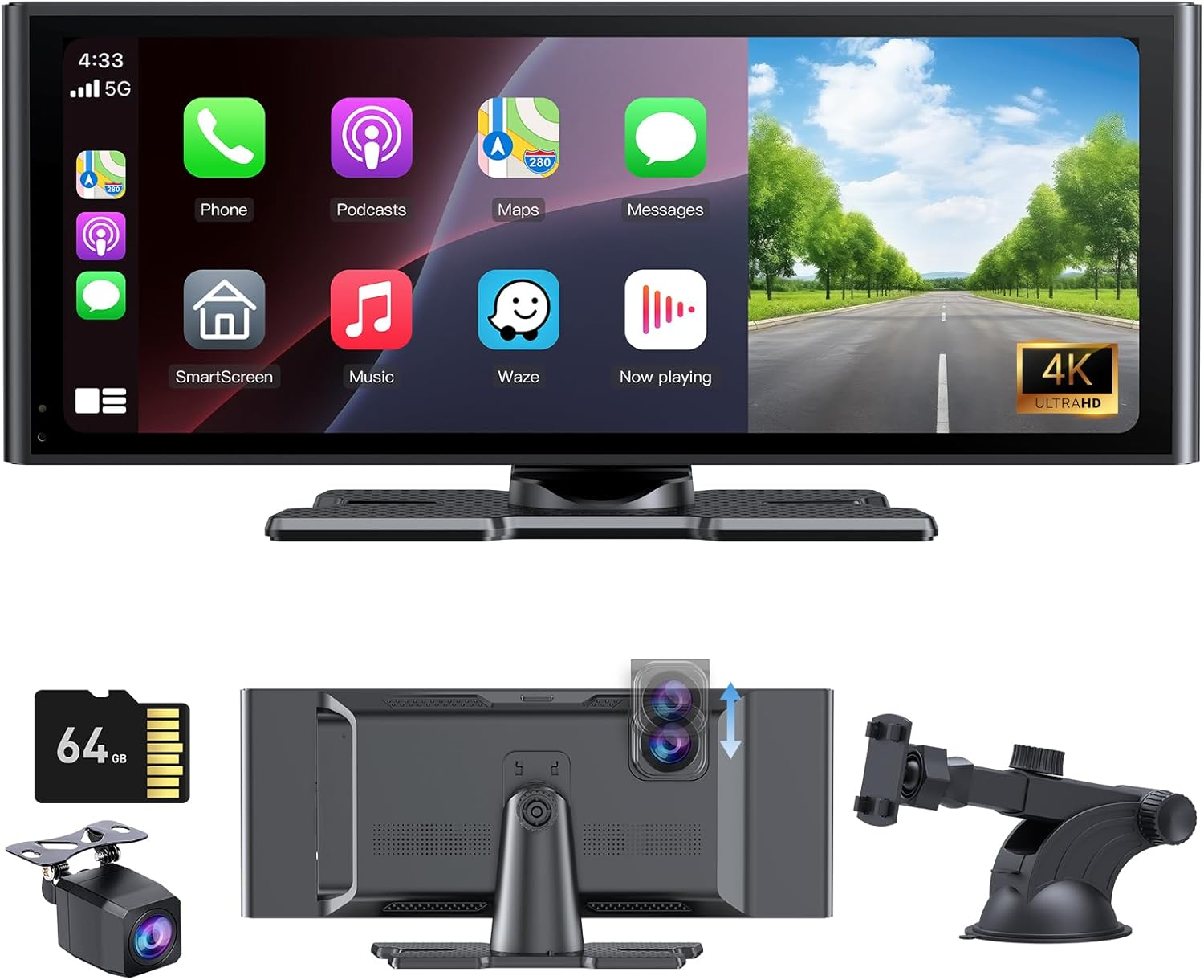 Wonsidary Carplay Screen for Car 10.26" HD IPS Wireless Compatible with Apple Carplay & Android Auto,Touch Car Play Screen with Superlink,4K Dash Cam,1080P Backup Camera,Loop Recording,Bluetooth Audio image number 1