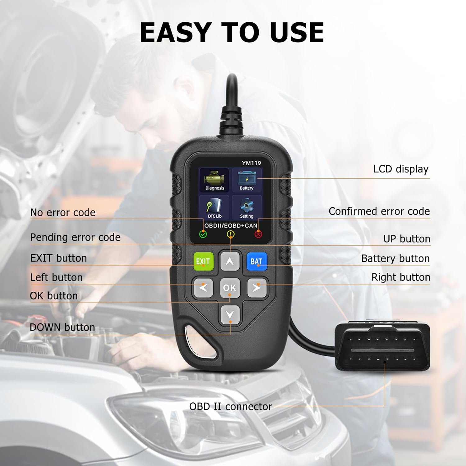 Amtake OBD2 Scanner, Car Diagnostic Tool Full OBD2 Functions, Code Reader, I/M Readiness, Battery Life Assessment, Check Engine Light, 13 Languages Automotive Diagnostic Tool for Cars after 1996 image number 1